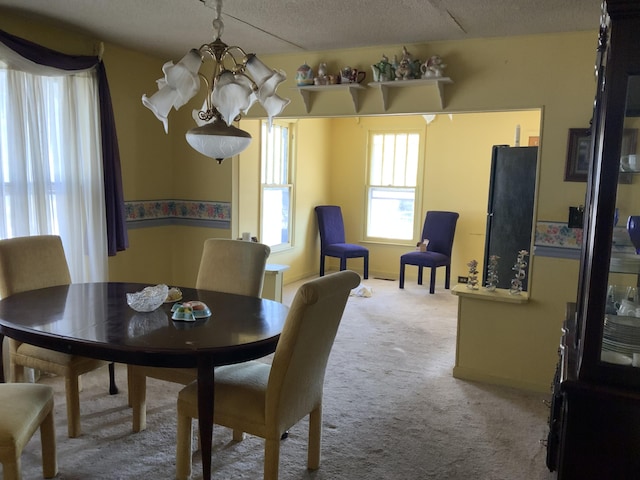 carpeted dining space with a textured ceiling