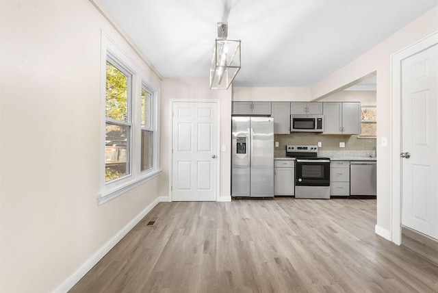 kitchen with gray cabinetry, tasteful backsplash, stainless steel appliances, light countertops, and baseboards