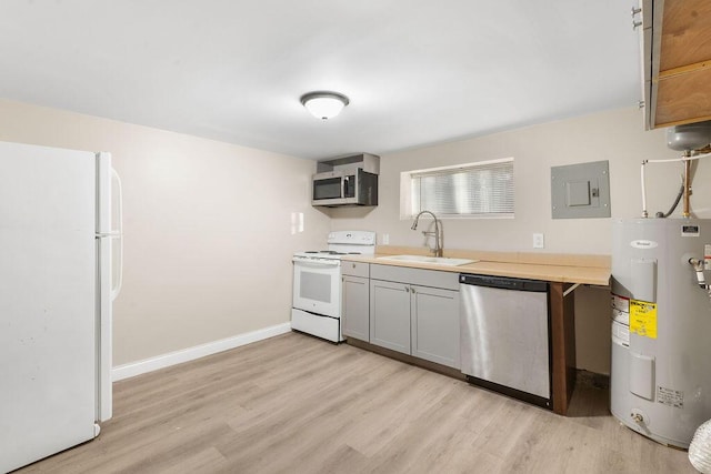 kitchen featuring light wood finished floors, electric panel, water heater, a sink, and stainless steel appliances