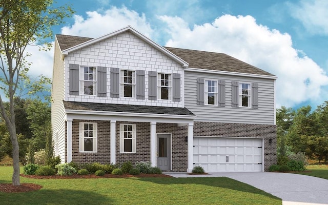 view of front facade featuring a garage, concrete driveway, brick siding, and a front yard