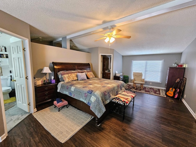 bedroom with lofted ceiling with beams, a textured ceiling, baseboards, and dark wood-type flooring