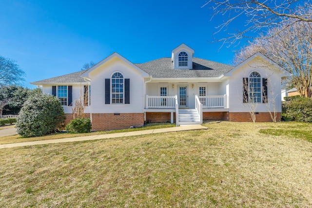 ranch-style home with crawl space, covered porch, roof with shingles, and a front yard