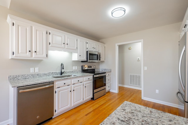 kitchen featuring light wood-style flooring, stainless steel appliances, a sink, visible vents, and white cabinetry