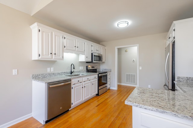 kitchen with stainless steel appliances, visible vents, a sink, and white cabinetry