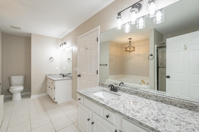 full bathroom featuring a garden tub, tile patterned flooring, vanity, baseboards, and a stall shower