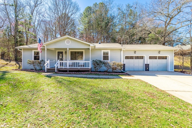 ranch-style house with a garage, covered porch, a front lawn, and concrete driveway