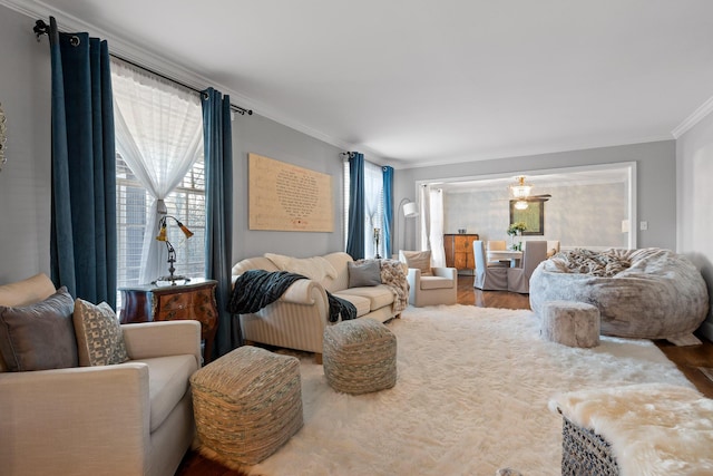 living room with ornamental molding, wood finished floors, and a wealth of natural light