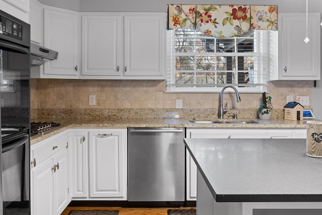 kitchen featuring white cabinets, appliances with stainless steel finishes, ventilation hood, and a sink