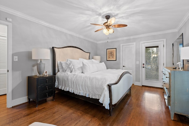 bedroom featuring baseboards, ceiling fan, wood finished floors, access to outside, and crown molding