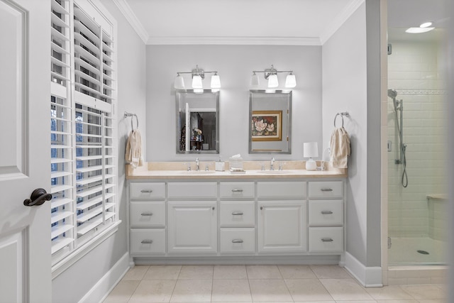 full bath with ornamental molding, a sink, a shower stall, and double vanity