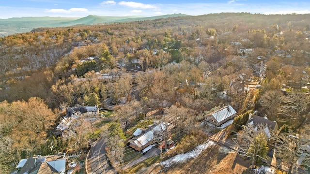 birds eye view of property with a forest view and a mountain view