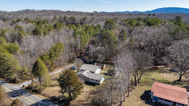 aerial view featuring a mountain view and a view of trees