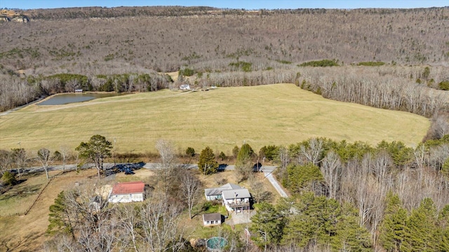 bird's eye view featuring a water view and a rural view