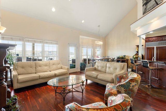 living area with high vaulted ceiling, dark wood finished floors, and crown molding