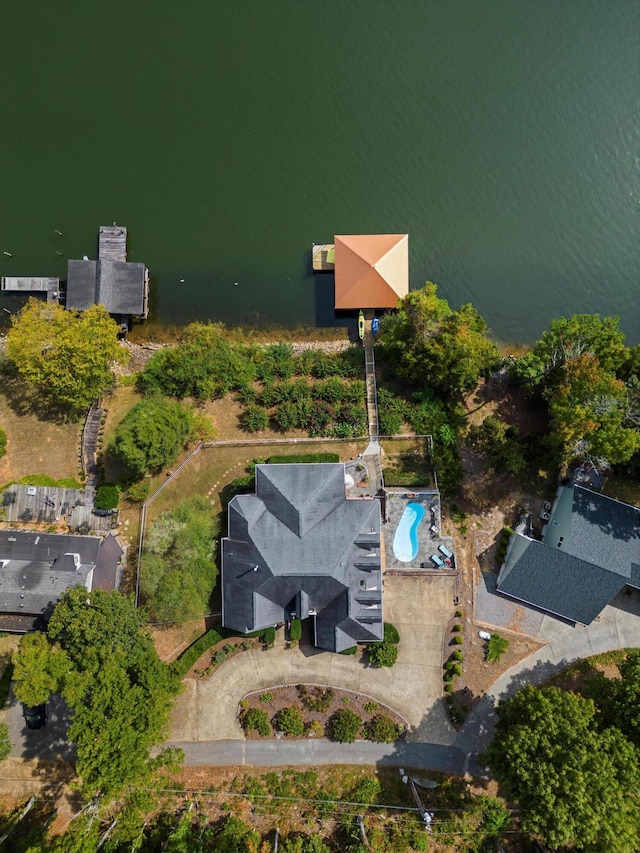 drone / aerial view with a water view