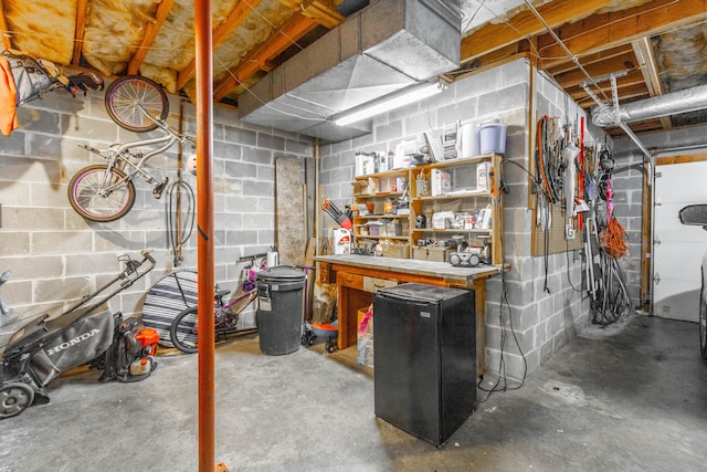 unfinished basement featuring concrete block wall