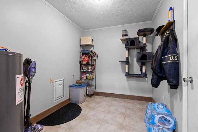 interior space featuring water heater, ornamental molding, a textured ceiling, baseboards, and tile patterned floors