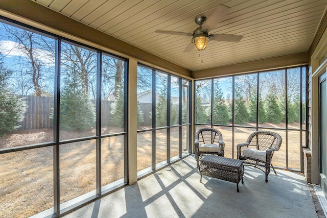 unfurnished sunroom with ceiling fan and wood ceiling