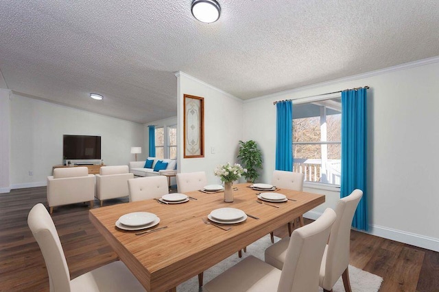 dining room with a textured ceiling, ornamental molding, dark wood-style flooring, and baseboards