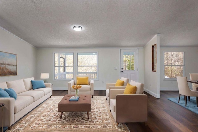 living area with dark wood finished floors, a textured ceiling, and baseboards