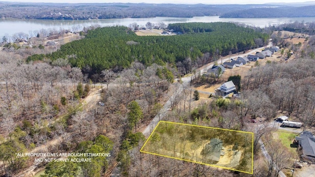 birds eye view of property featuring a water view and a forest view