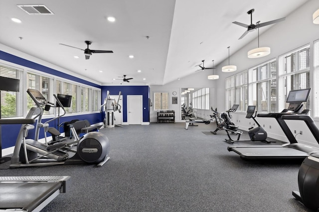 exercise room featuring baseboards, ceiling fan, visible vents, and recessed lighting