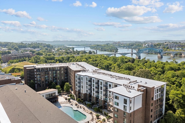 birds eye view of property featuring a water view