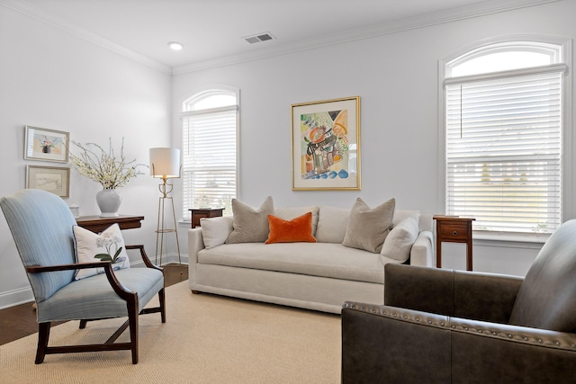 living area with baseboards, visible vents, and crown molding