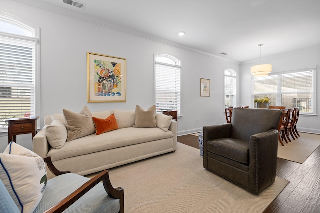 living room featuring a wealth of natural light, ornamental molding, wood finished floors, and visible vents