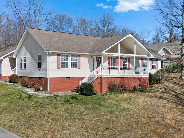 ranch-style house featuring stairs, a porch, a front lawn, and a shingled roof