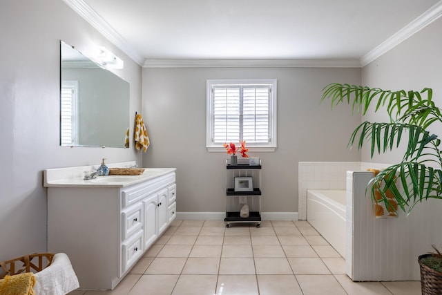 full bathroom with tile patterned flooring, baseboards, crown molding, and vanity