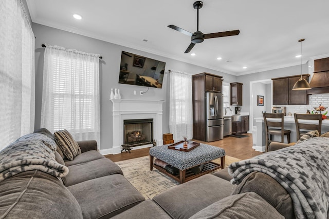 living room featuring light wood-style flooring, crown molding, and a wealth of natural light