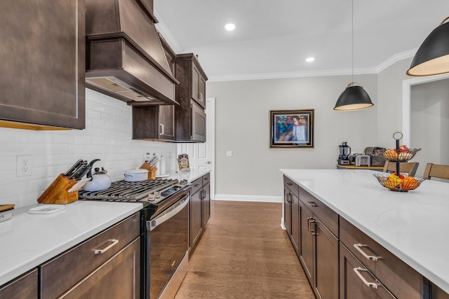 kitchen with ornamental molding, dark wood-style flooring, custom range hood, and gas range