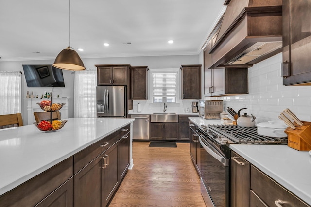 kitchen with stainless steel appliances, dark brown cabinets, light countertops, premium range hood, and a sink