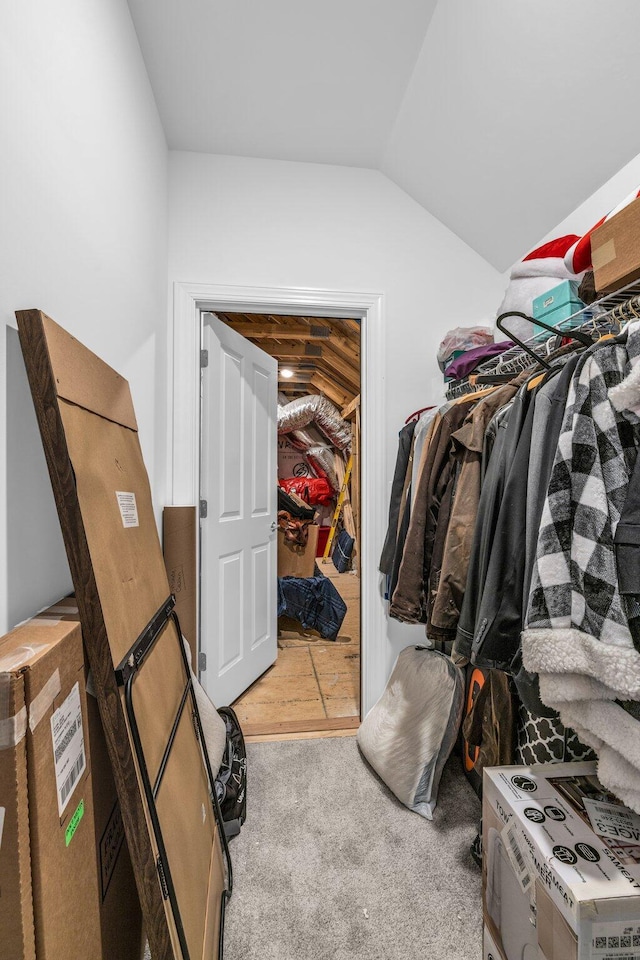 walk in closet with lofted ceiling and carpet floors