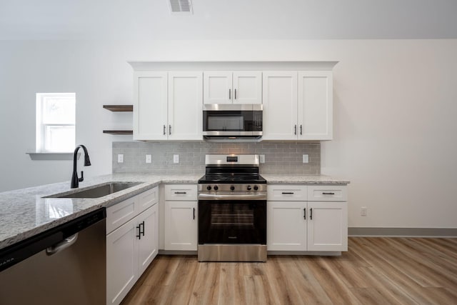 kitchen with light wood finished floors, open shelves, a sink, stainless steel appliances, and white cabinets