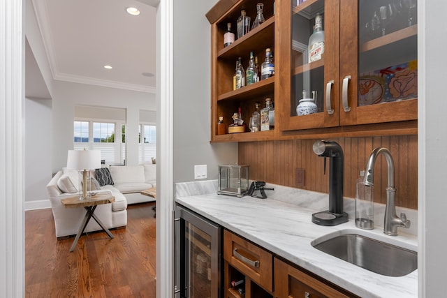619 Hill Pointe Ln, Chattanooga, TN 37405 - bar featuring crown molding, a sink, recessed lighting, dark wood finished floors, and wine cooler