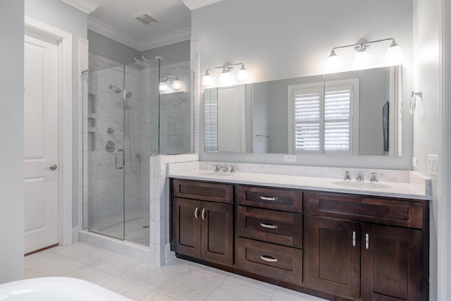619 Hill Pointe Ln, Chattanooga, TN 37405 - full bathroom featuring visible vents, a shower stall, ornamental molding, and a sink