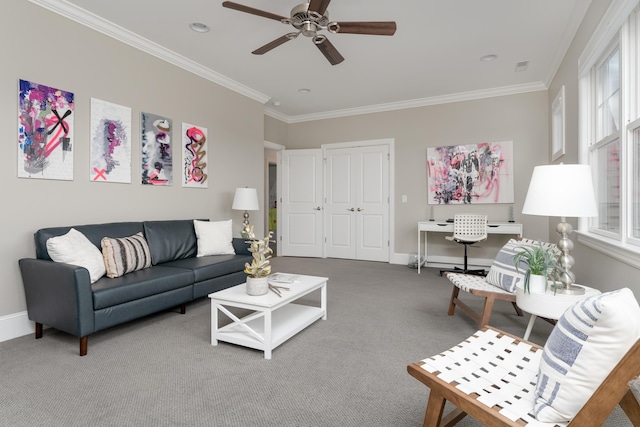 619 Hill Pointe Ln, Chattanooga, TN 37405 - carpeted living area with a healthy amount of sunlight, baseboards, a ceiling fan, and crown molding