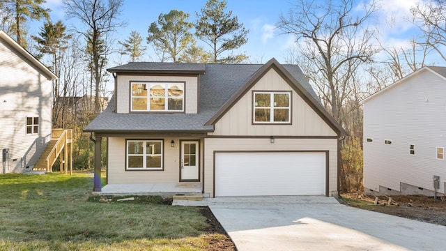 view of front of property with a garage, concrete driveway, roof with shingles, board and batten siding, and a front yard