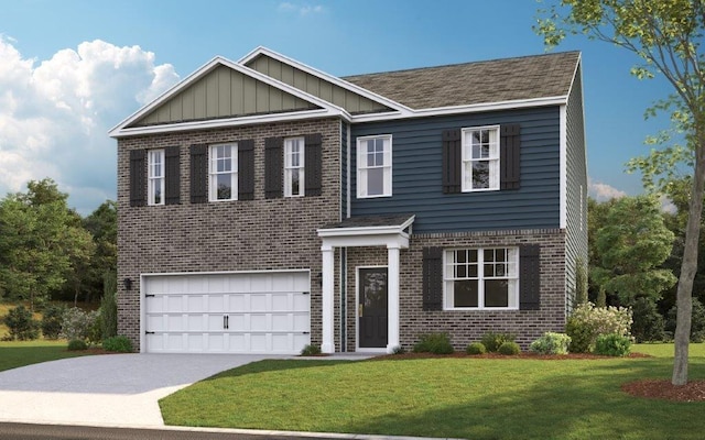 view of front of home featuring board and batten siding, concrete driveway, brick siding, and a front lawn