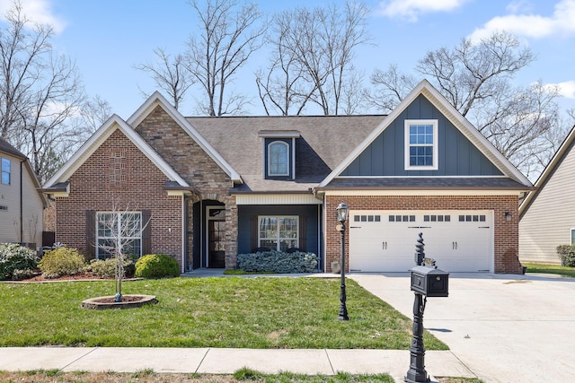 craftsman-style home featuring a front lawn, board and batten siding, concrete driveway, a garage, and brick siding