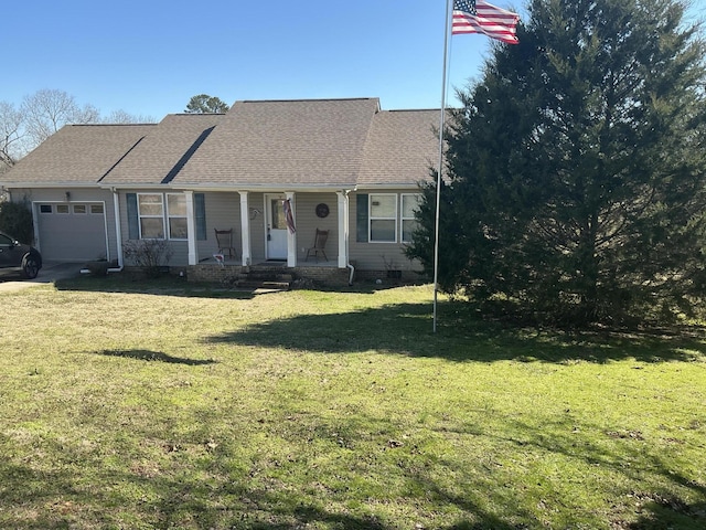 view of front of property with a garage, covered porch, a shingled roof, crawl space, and a front yard