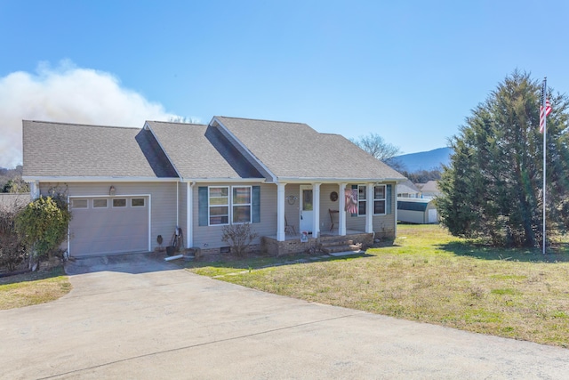 183 Akins Rd, Chickamauga, GA 30707 - single story home with an attached garage, a porch, driveway, a front yard, and a mountain view