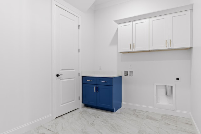 washroom with washer hookup, baseboards, marble finish floor, cabinet space, and electric dryer hookup