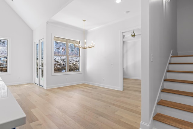 unfurnished dining area with stairs, light wood finished floors, recessed lighting, and baseboards