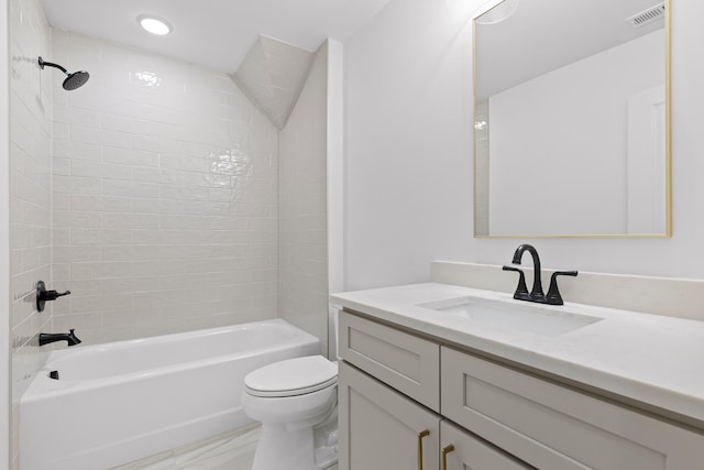 bathroom with recessed lighting, visible vents, toilet, washtub / shower combination, and vanity