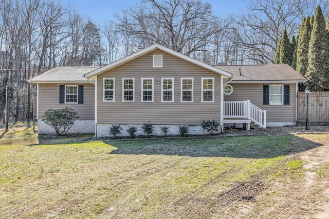 single story home with a front yard and fence