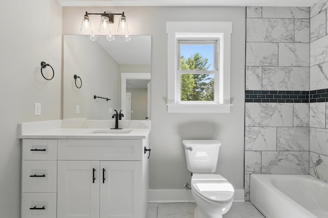 full bathroom featuring vanity, shower / bathing tub combination, toilet, marble finish floor, and baseboards