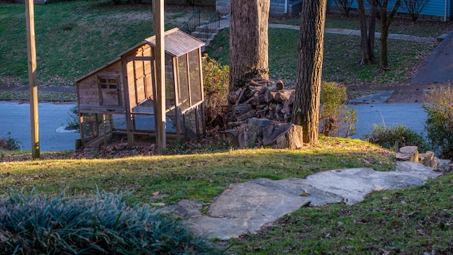 view of yard with an outbuilding